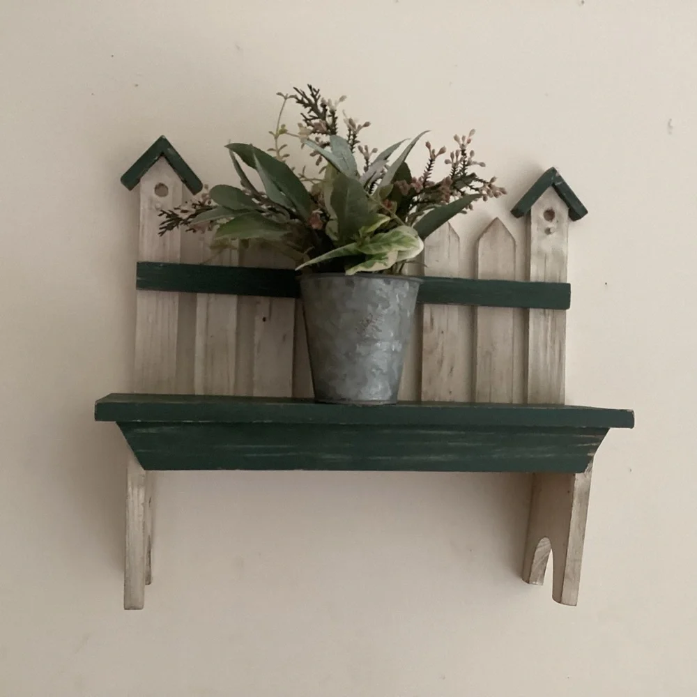Rustic Green and Cream Wall Shelf with Planter
